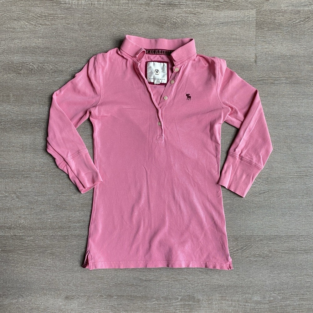 Y2K Abercrombie Pink 1/4 Sleeve Polo with Logo Patch Collared 1/4 Button Up 1424